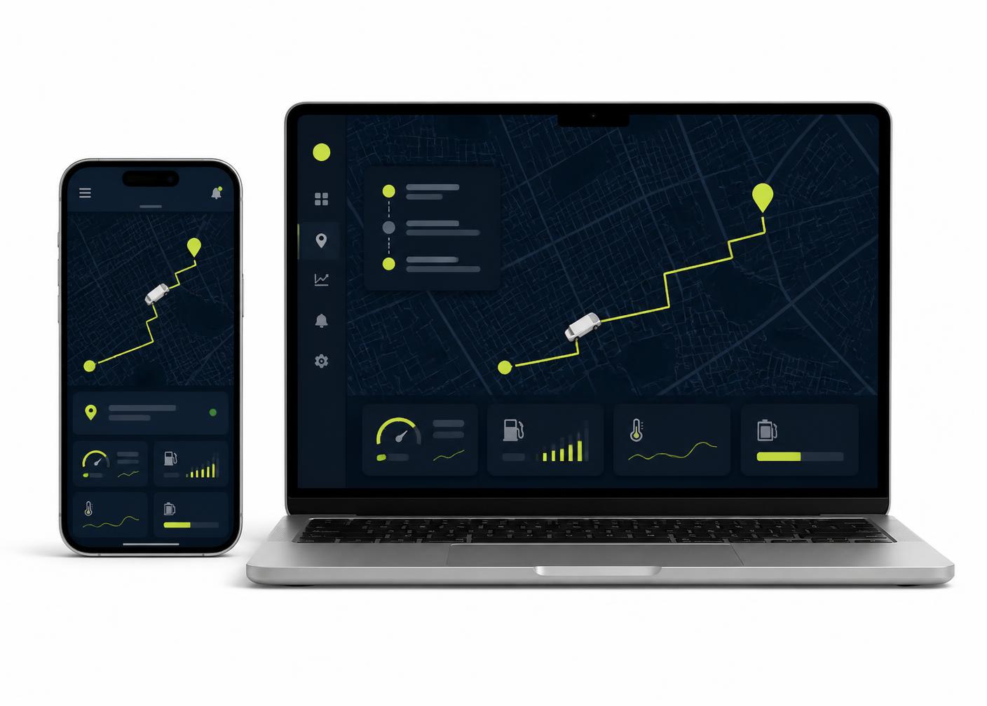Plataforma de rastreamento exibida em smartphone e notebook